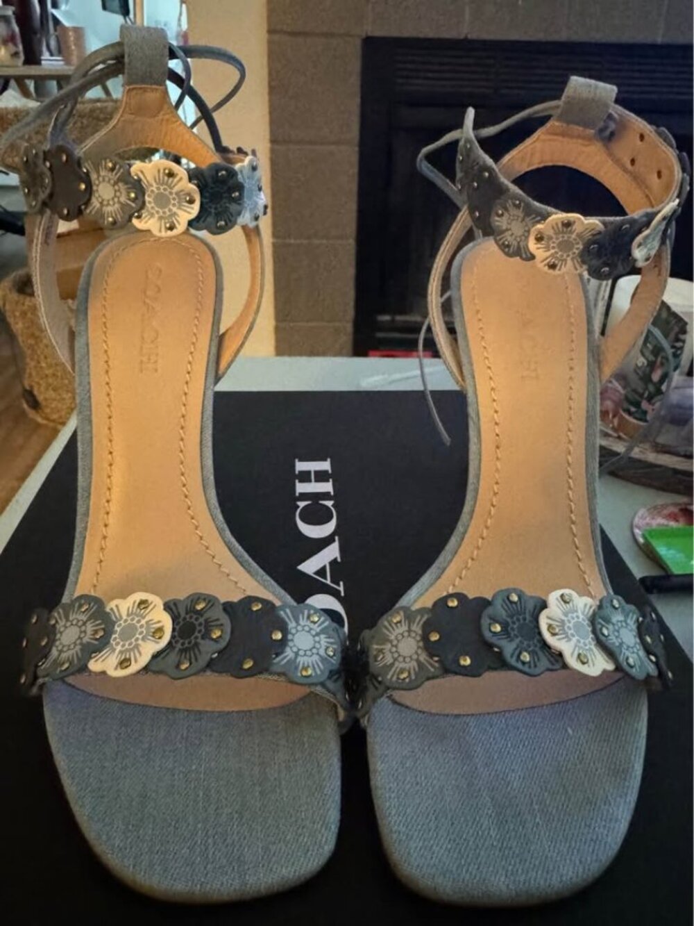 COACH Womens Blue Denim Floral Stiletto Heels Ankle Strap Open Toe Size 9.5